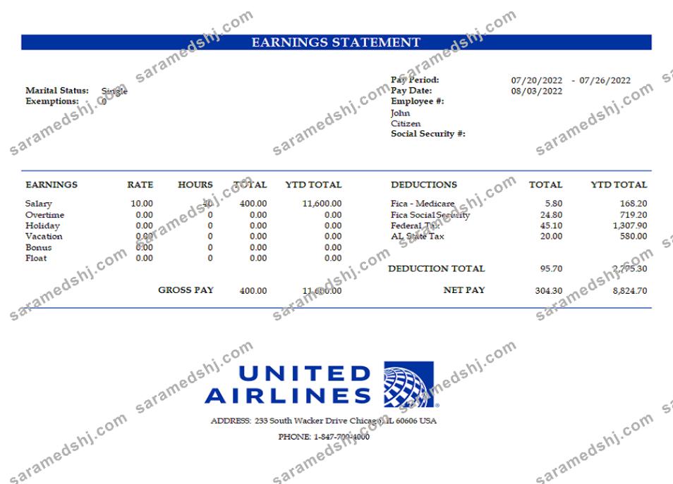 USA United Airlines Holdings airlines company pay stub